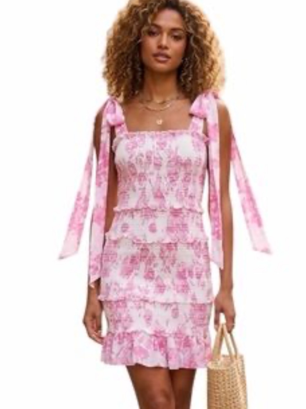 Buddy Love Smocked Tiered Sleeveless Mini Dress in Pink & White Sz S